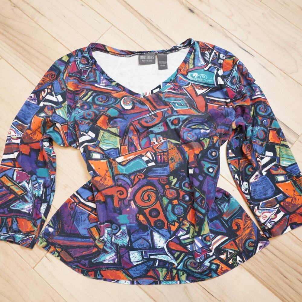 Additions by Chico's Abstract Art Cubist Print Top Eclectic Size 2